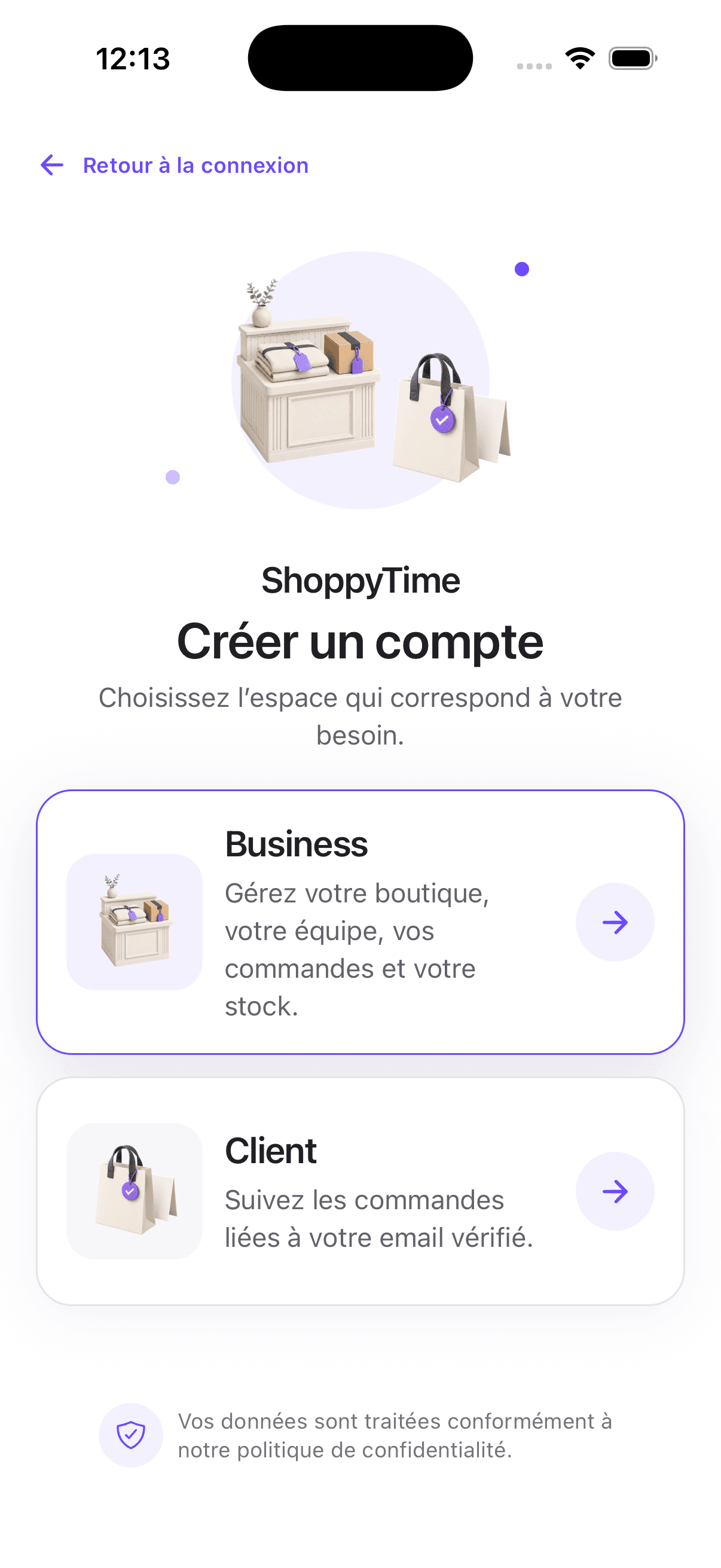 Écran d’inscription ShoppyTime