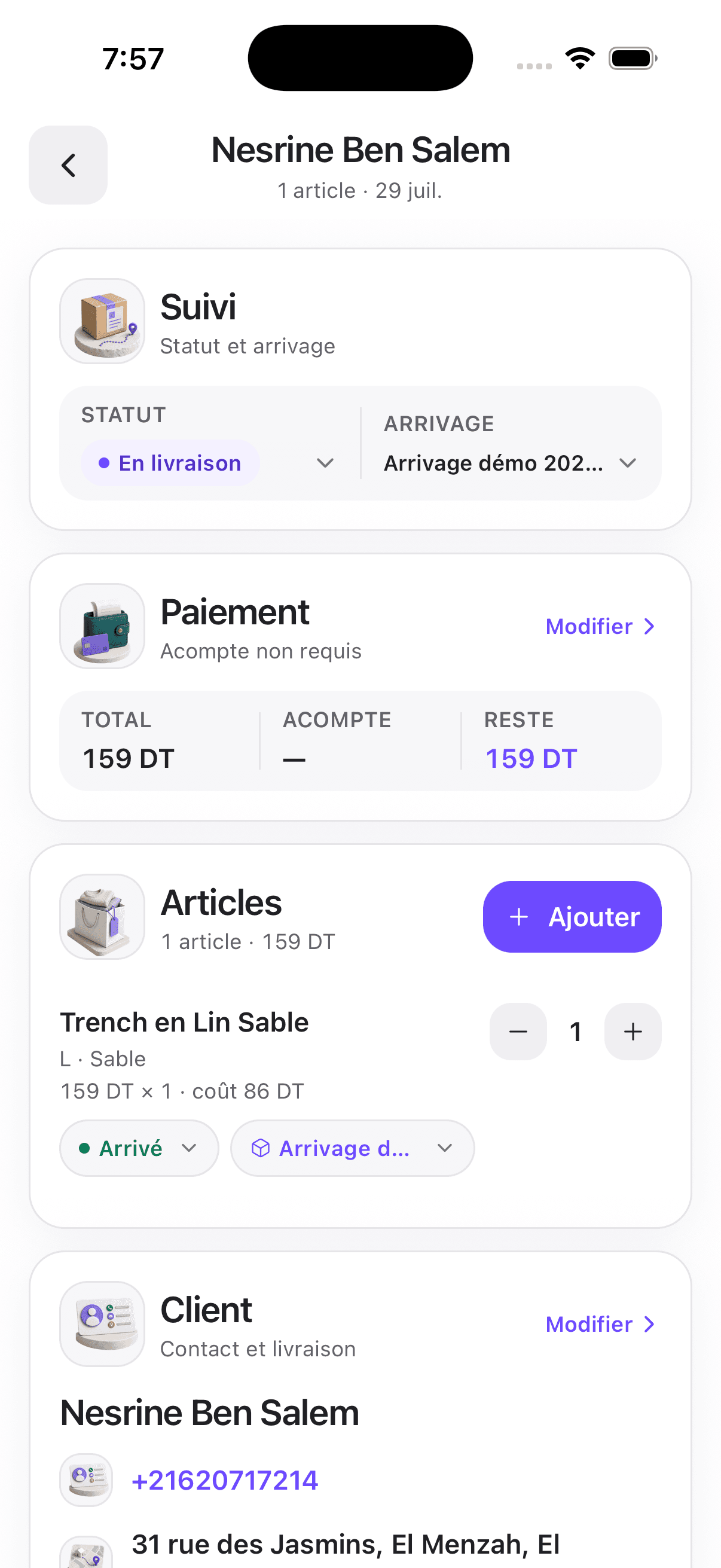 Détail d’une commande dans ShoppyTime