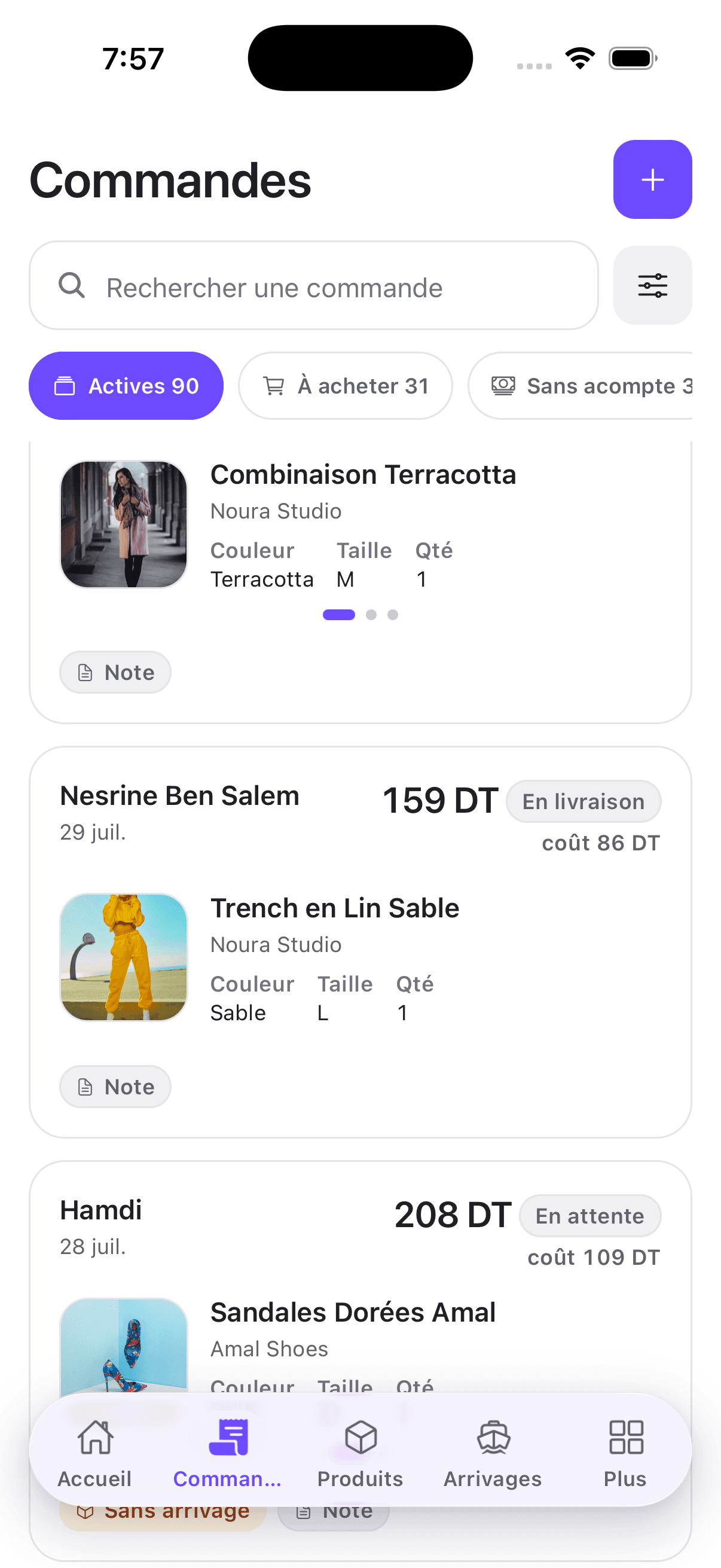 Liste des commandes dans l’application ShoppyTime